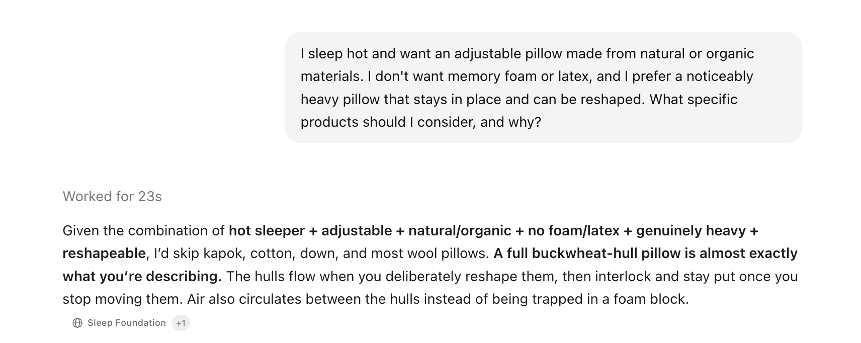 Captured ChatGPT answer interpreting the neutral shopper request as a full buckwheat-hull pillow need