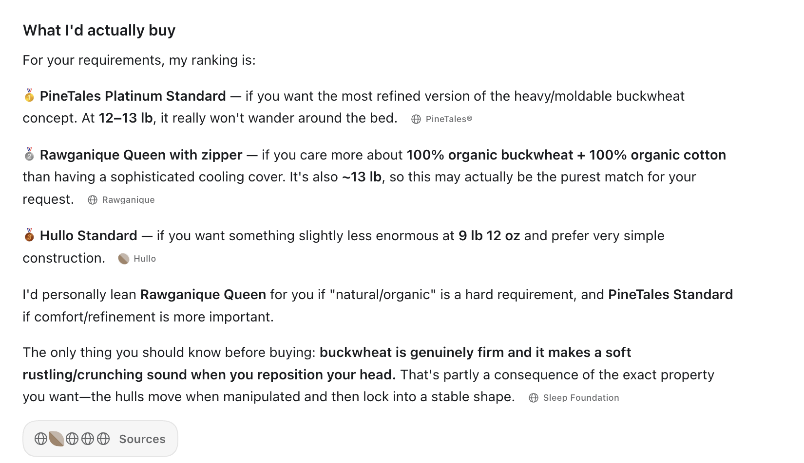 Captured ChatGPT final ranking recommending PineTales, Rawganique and Hullo while omitting the target hemp-hull product